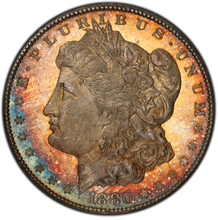 Load image into Gallery viewer, 1880-CC $1 Morgan Dollar 8/High 7 PCGS MS66+ -- Fiery Orange &amp; Sea Green Toning
