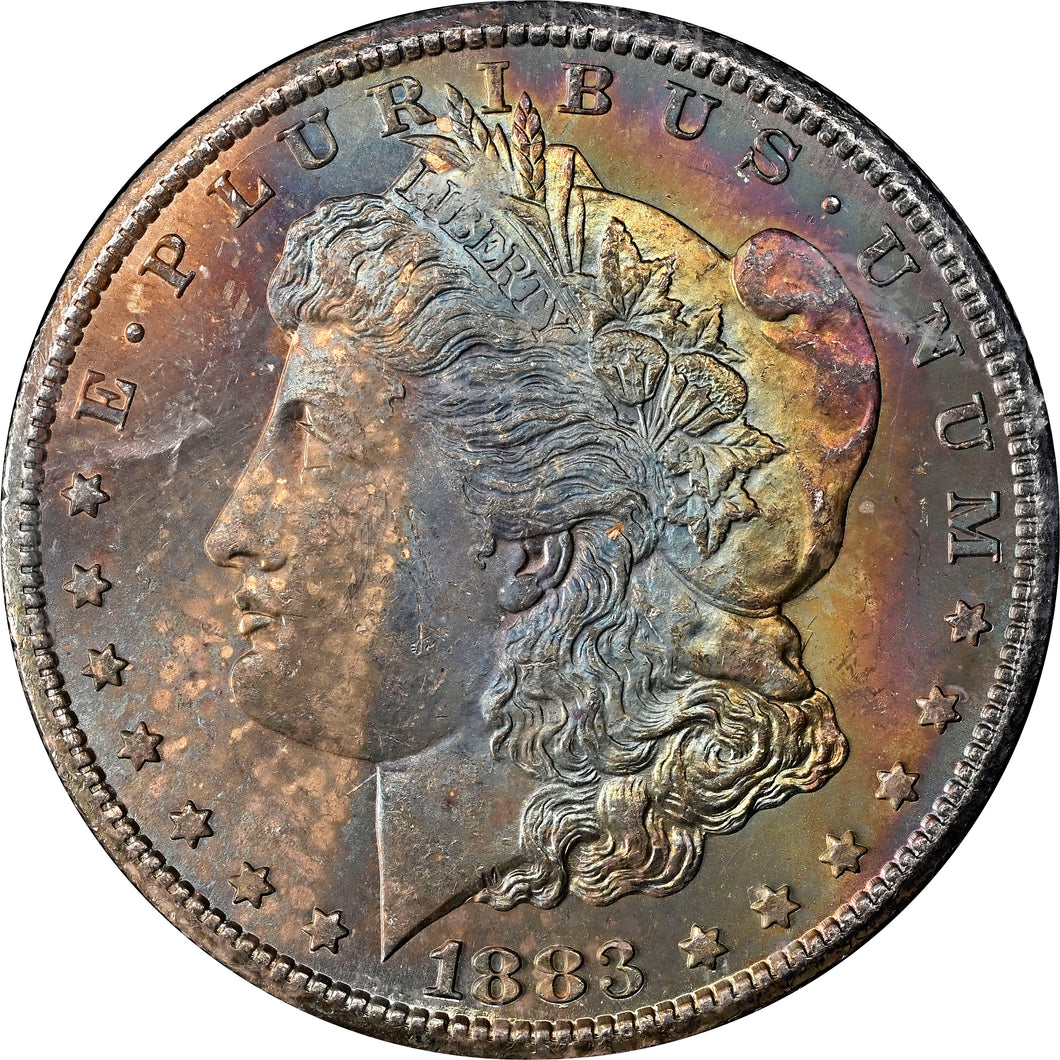 1883-CC $1 GSA Morgan Silver Dollar NGC MS64* -Textile Rainbow Cartwheel BOX&COA