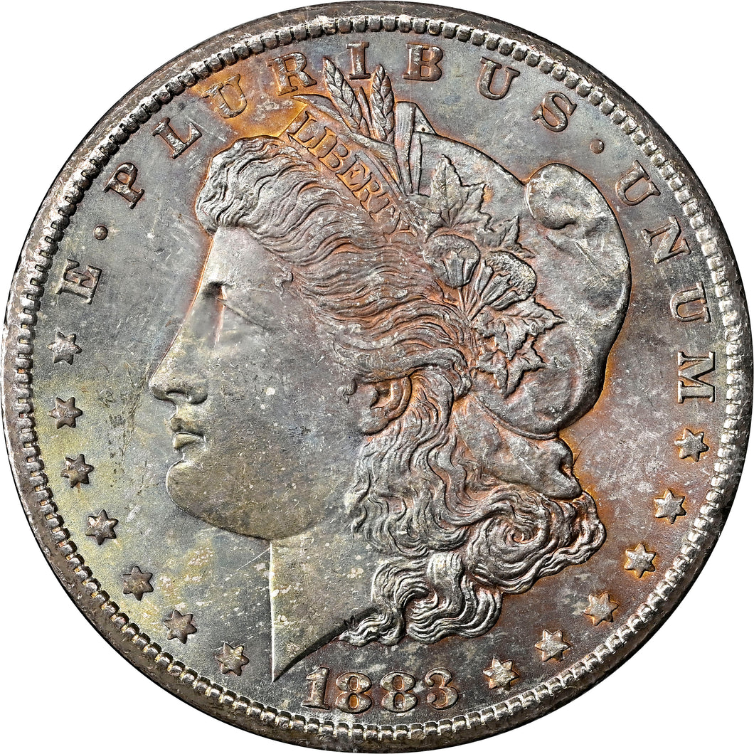 1883-CC $1 GSA Morgan Silver Dollar NGC MS65 Green, Blue & Russet Toning BOX/COA