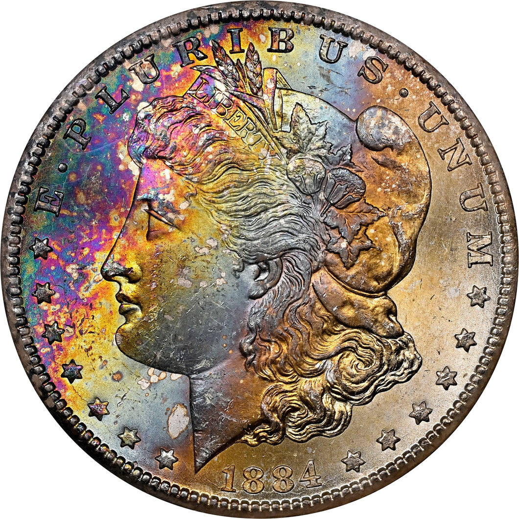1884-CC $1 GSA Morgan Silver Dollar NGC MS64🌟Gorgeous Rainbow Cartwheel BOX&COA