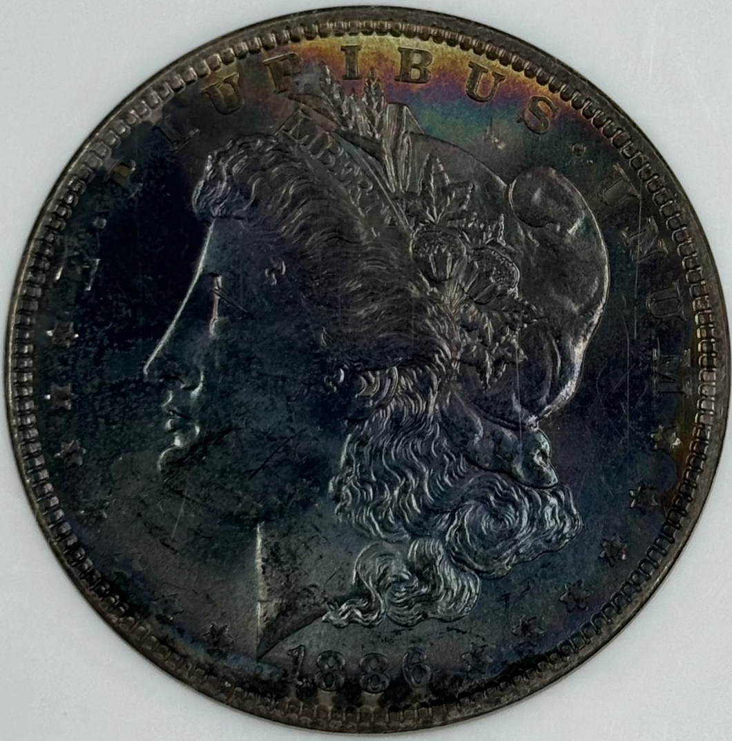 1886-P $1 Morgan Dollar NGC MS63 -- Stunning Cyan w/ Magenta Peripheral Toning