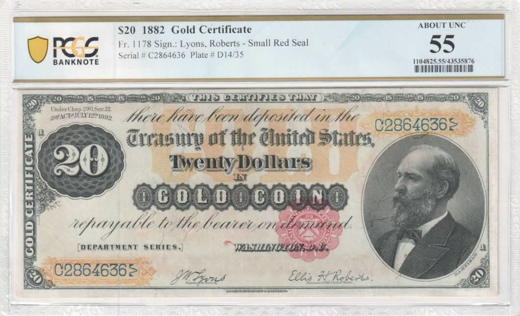 1882 $20 Gold Certificate Fr.1178 -- PCGS AU55