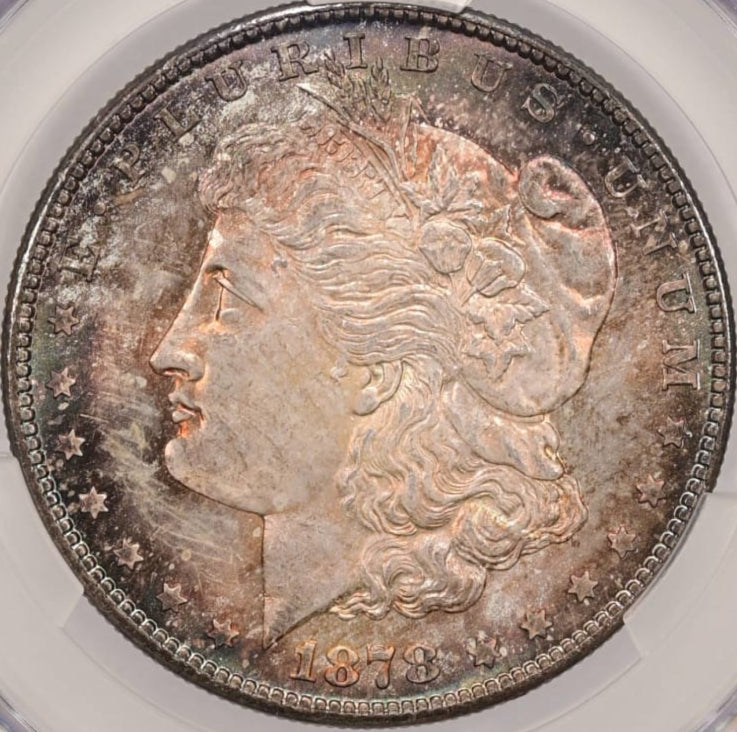 1878-S $1 Morgan Dollar CACG MS65 -- Spectacular Golden, Russet & Blue Toned Gem