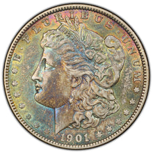 Load image into Gallery viewer, 1901-P $1 Morgan Dollar PCGS AU50 - Marvelous Bright Blue, Green &amp; Russet Toning
