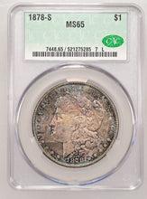 Load image into Gallery viewer, 1878-S $1 Morgan Dollar CACG MS65 -- Vivid Blue, Russet &amp; Gold Toned Gem

