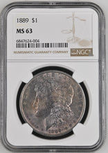 Load image into Gallery viewer, 1889-P $1 Morgan Dollar NGC MS63 -- Lustrous w/ Attractive Purple Grape Toning
