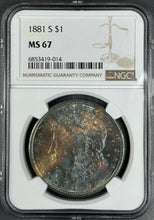Load image into Gallery viewer, 1881-S $1 Morgan NGC MS67 - Extraordinary Bright Blue &amp; Russet Toned Rainbow Gem
