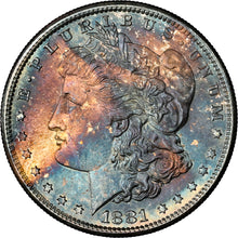 Load image into Gallery viewer, 1881-S $1 Morgan NGC MS67 - Extraordinary Bright Blue &amp; Russet Toned Rainbow Gem
