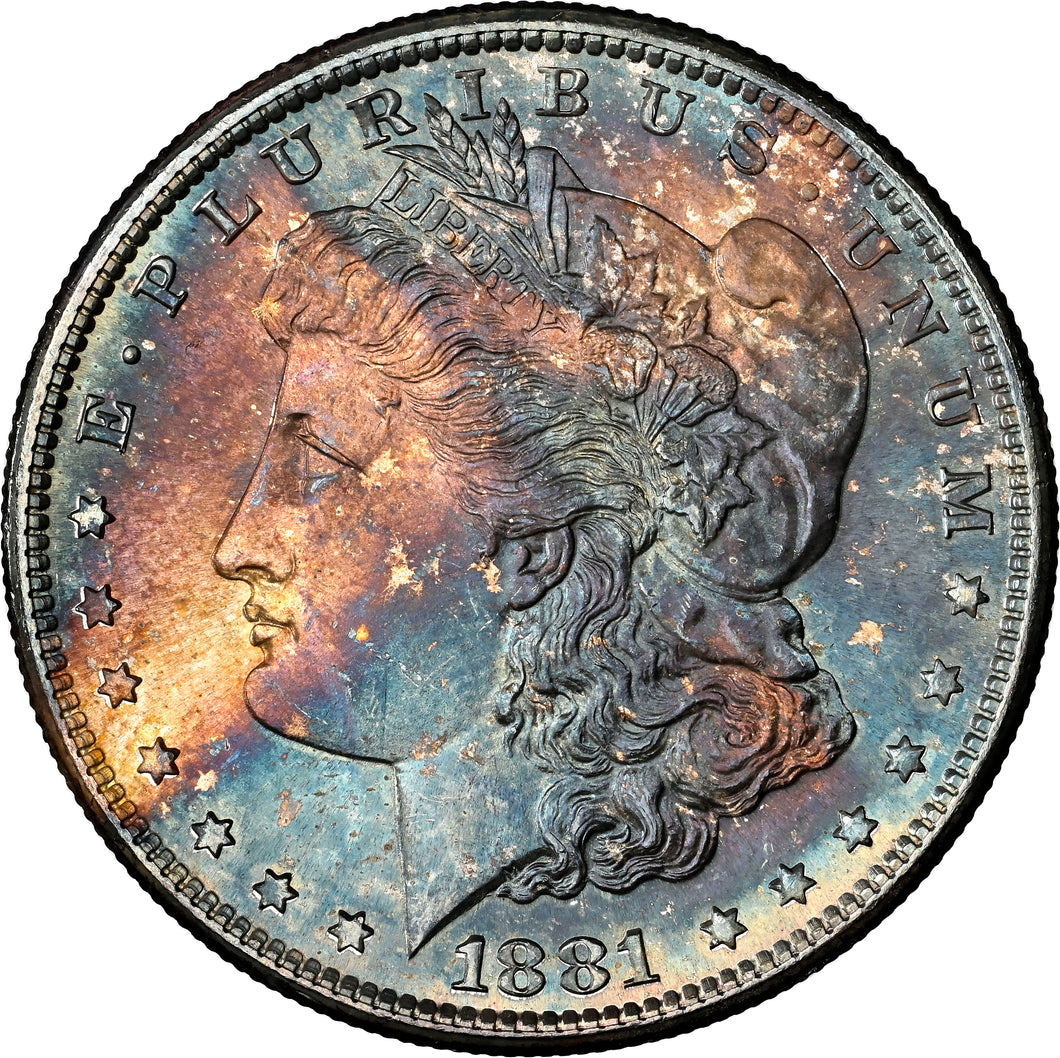1881-S $1 Morgan NGC MS67 - Extraordinary Bright Blue & Russet Toned Rainbow Gem