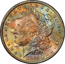 Load image into Gallery viewer, 1885-P $1 Morgan Dollar NGC MS66 -- Vibrant Orange, Blue &amp; Green Toned Gem
