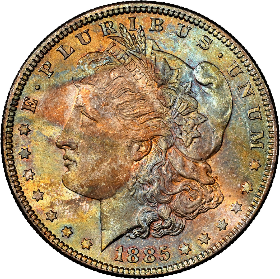 1885-P $1 Morgan Dollar NGC MS66 -- Vibrant Orange, Blue & Green Toned Gem