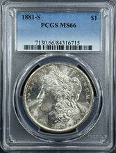 Load image into Gallery viewer, 1881-S $1 Morgan PCGS MS66 Bright White Lustrous Gem w/ Clean Cheek Looks 67
