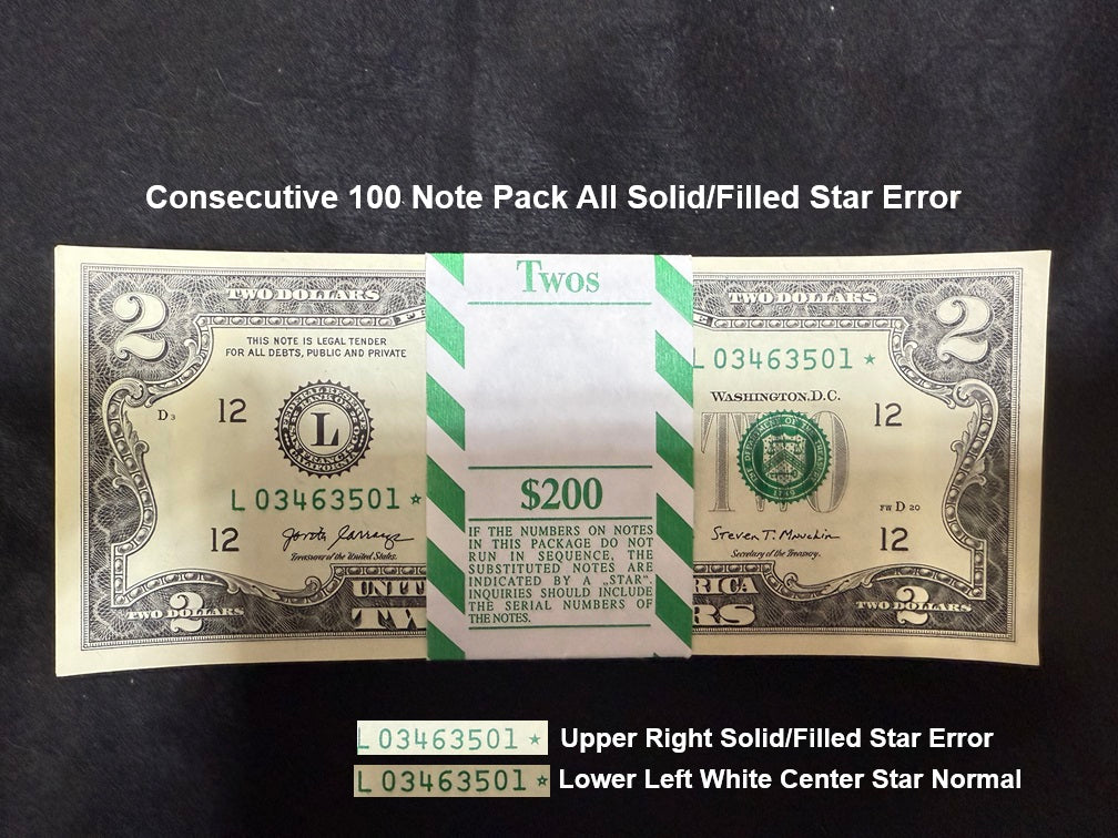 2017A $2 SOLID/FILLED ERROR 🌟 STAR🌟 NOTE PACK OF 100 CONSECUTIVE - RARE