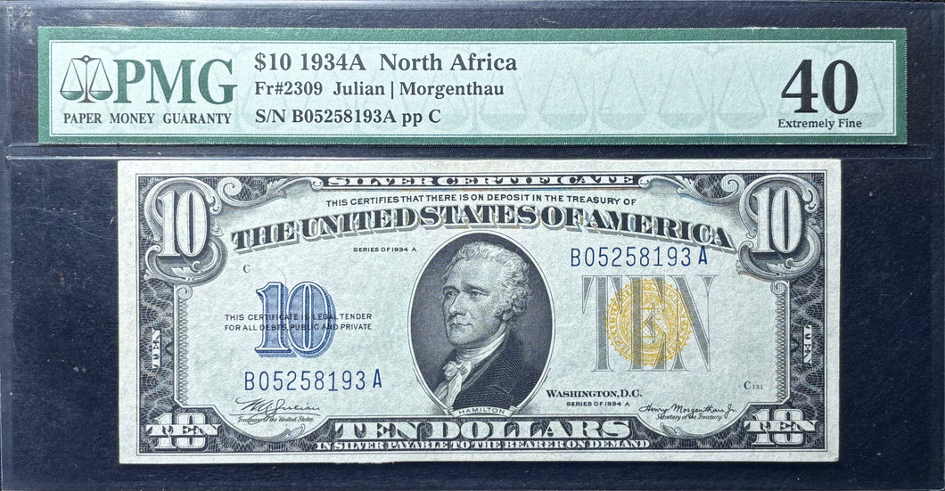 1934A $10 North Africa Silver Certificate Fr.2309 - PMG 40 XF