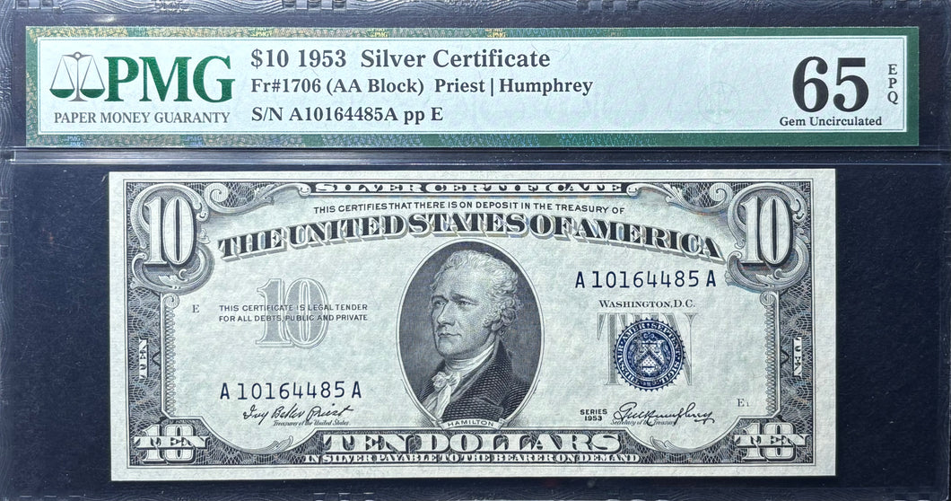1953 $10 Silver Certificate Fr.1706 - PMG 65 EPQ Gem Unc