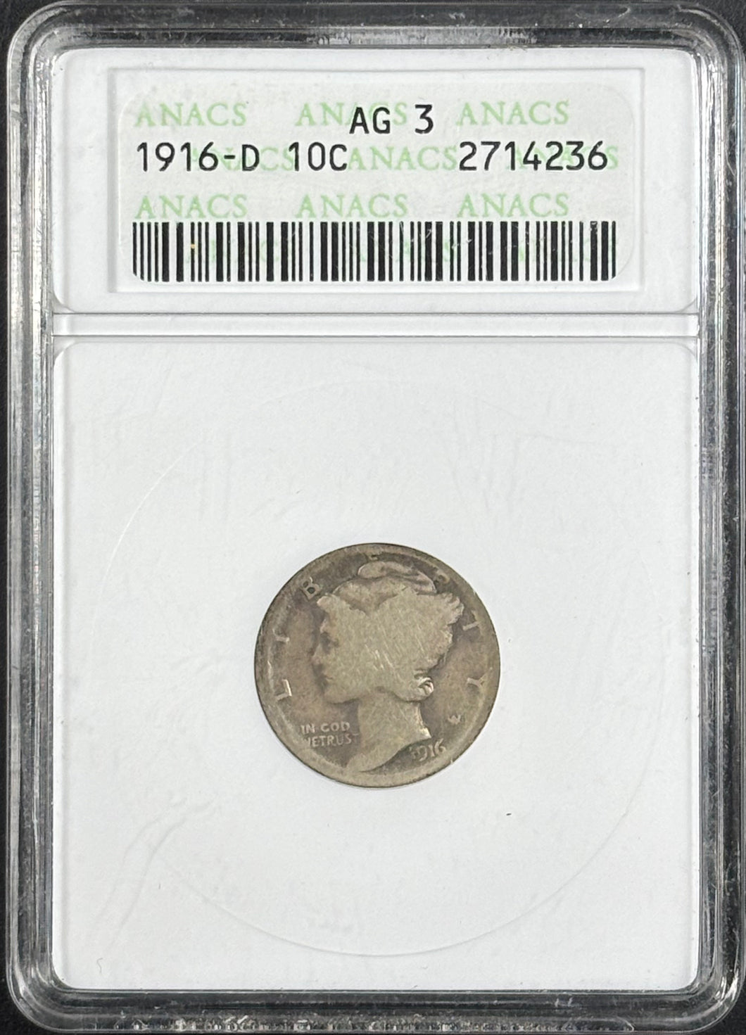 1916-D 10C Mercury Dime - ANACS AG3 - Old Soap Box Holder!