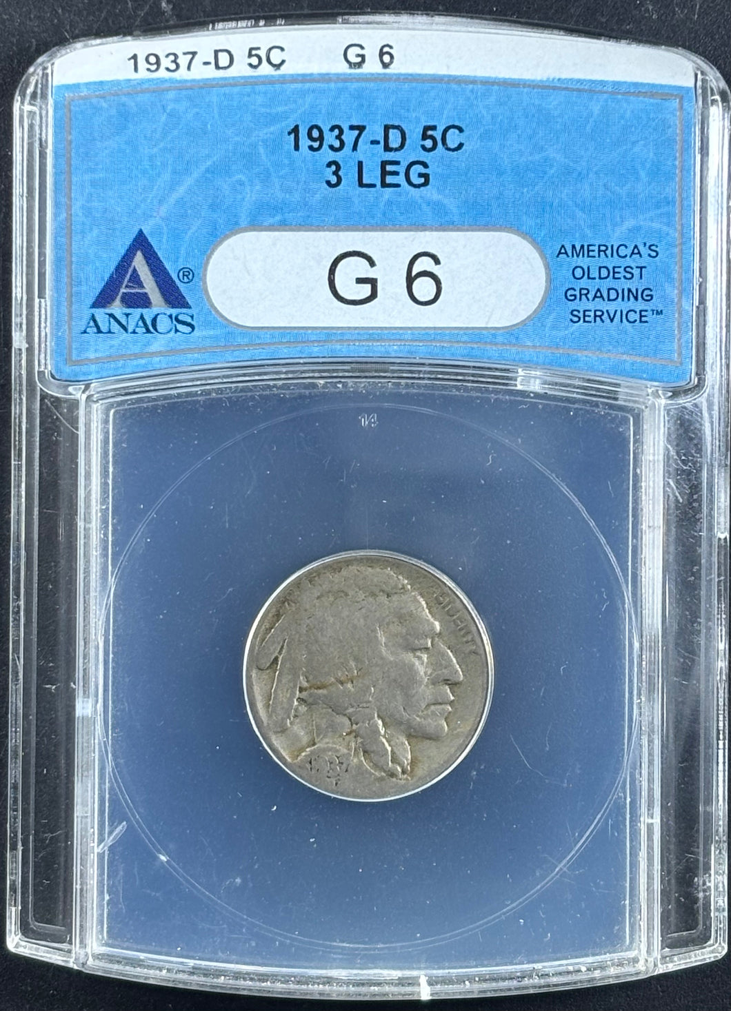 1937-D 5¢ Buffalo Nickel 3 Leg - ANACS G6