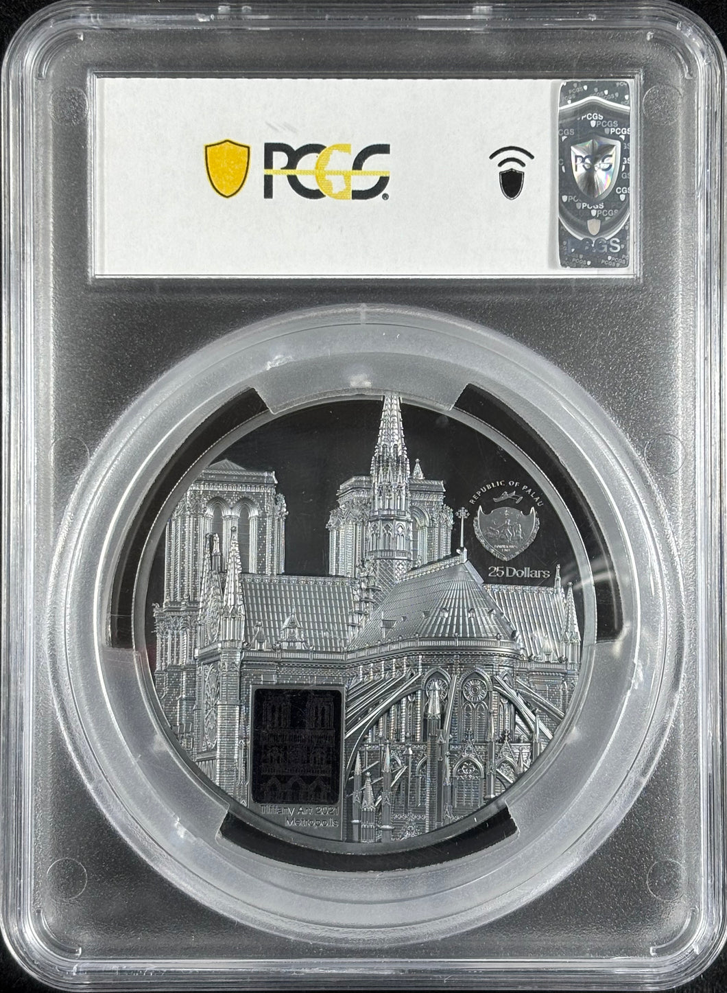 2021 Palau Tiffany Art Notre Dame 5 oz Silver $25 Coin - PCGS PR70DCAM