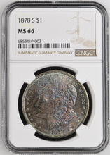 Load image into Gallery viewer, 1878-S $1 Morgan Silver Dollar NGC MS66 Vivid Reds and Glowing Blues  Fabulous Coin
