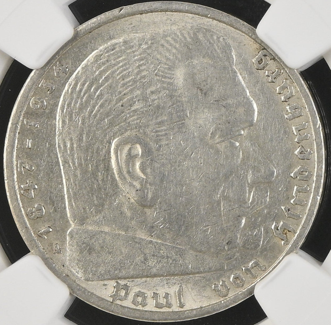 Germany 1936-A 5 Reichsmark No Swastika NGC AU 58 - German Third Reich