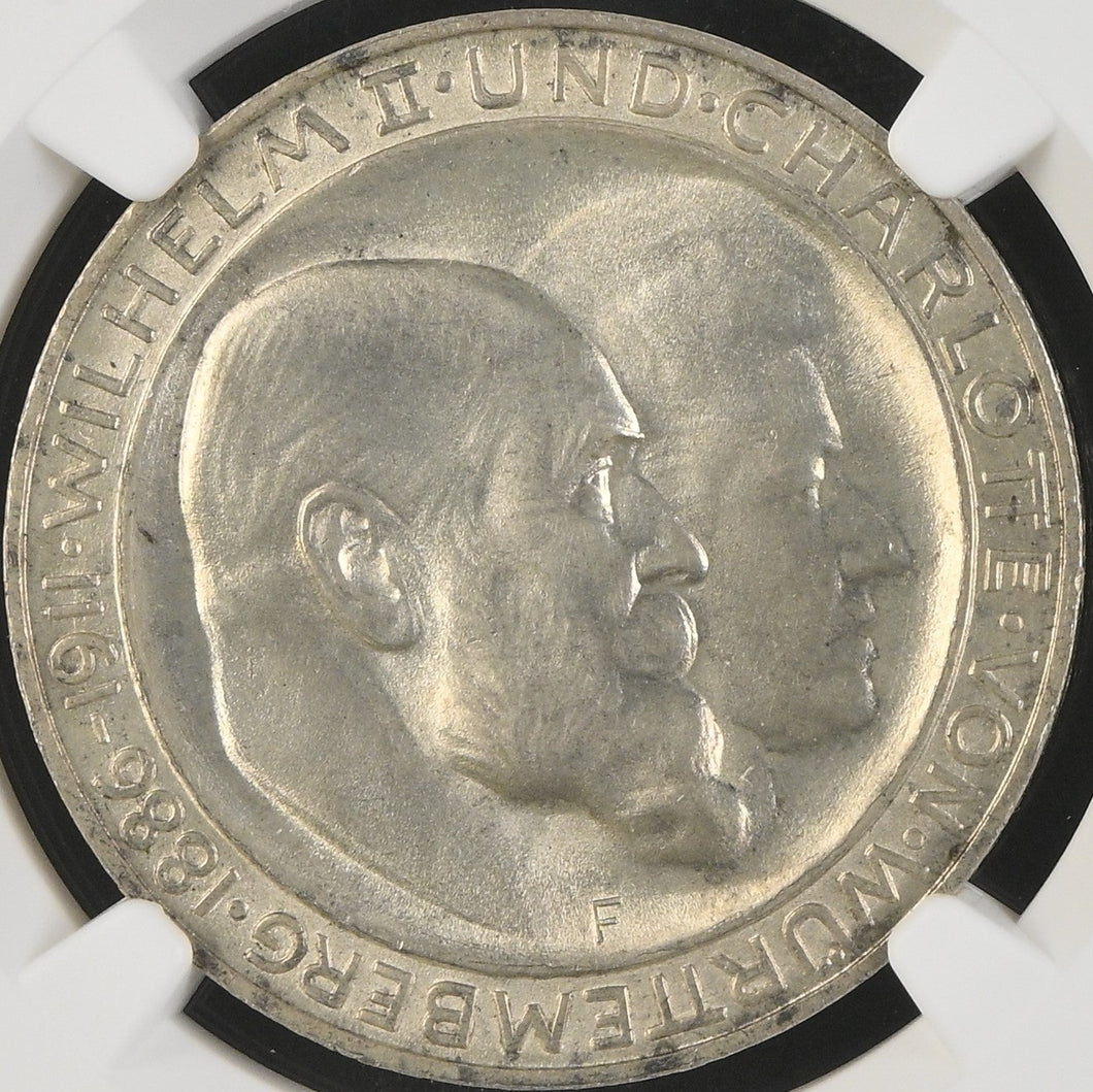 Germany 1911-F 3 Mark Wurttemberg Anniversary NGC MS 65 - Bright Lustrous Gem