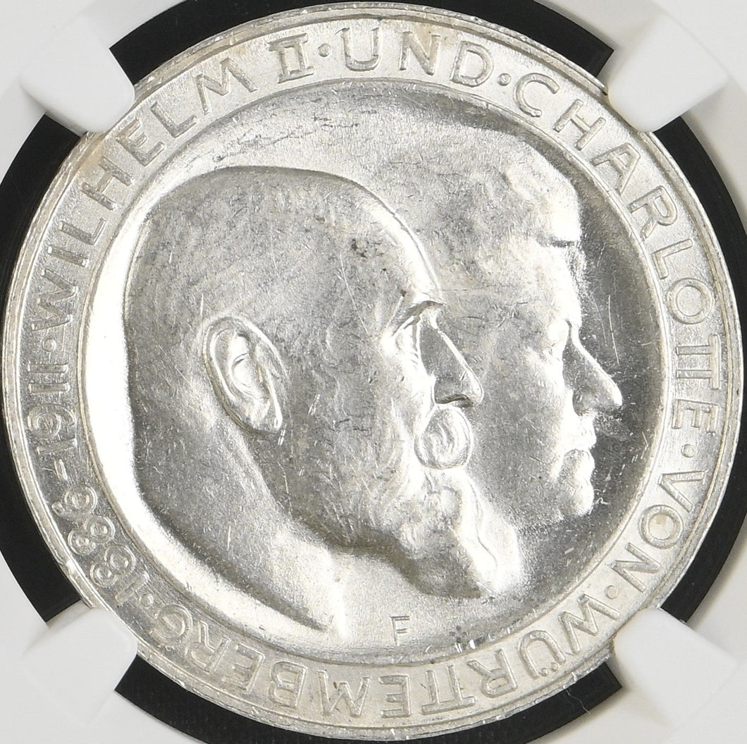 Germany 1911-F 3 Mark Wurttemberg Anniversary NGC MS 63 - Blast White & Lustrous
