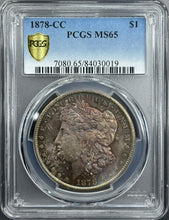 Load image into Gallery viewer, 1878-CC $1 Morgan Dollar PCGS MS65 Radiant Orange Center Flashy Blue Peripheral
