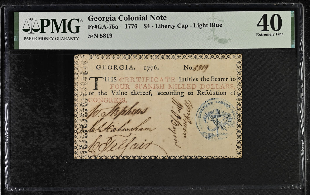 1776 $4 Georgia Colonial Note Fr.GA-75a Liberty Cap Light Blue -- PMG 40 XF