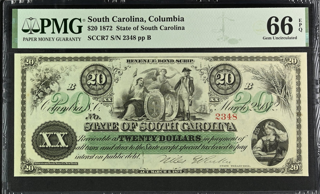 1872 $20 Columbia State Of South Carolina SCCR7 - PMG 66 EPQ