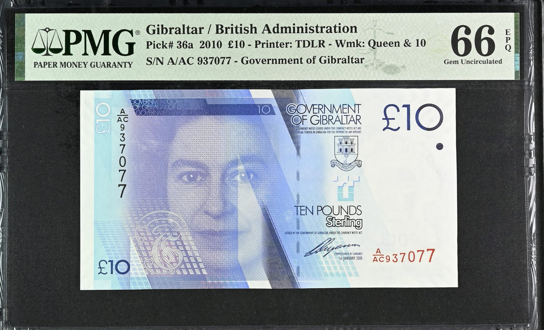 Gibraltar 2010 £10 P36a British Administration -- PMG Gem UNC 66 EPQ