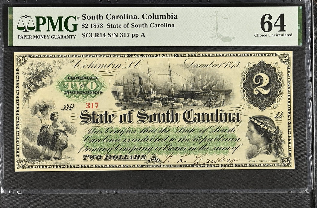 South Carolina Columbia 1873 $2 CR.14 PMG 64 Choice Uncirculated