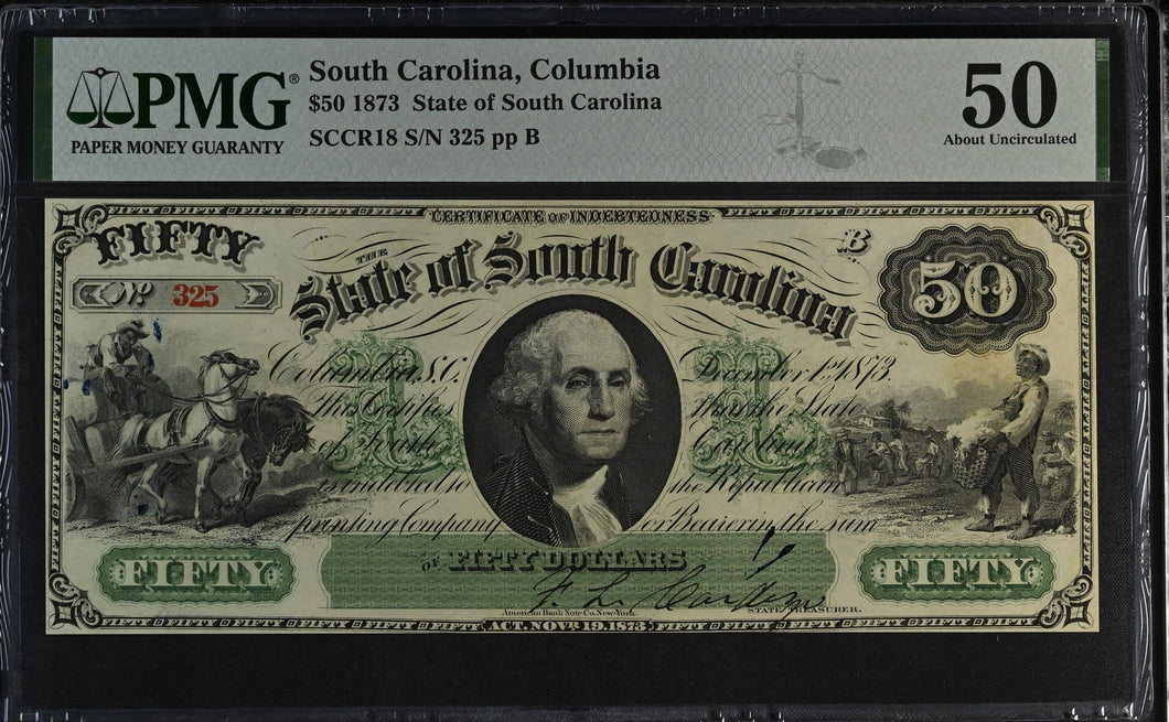 South Carolina Columbia 1873 $50 CR.18 PMG 50 About Uncirculated
