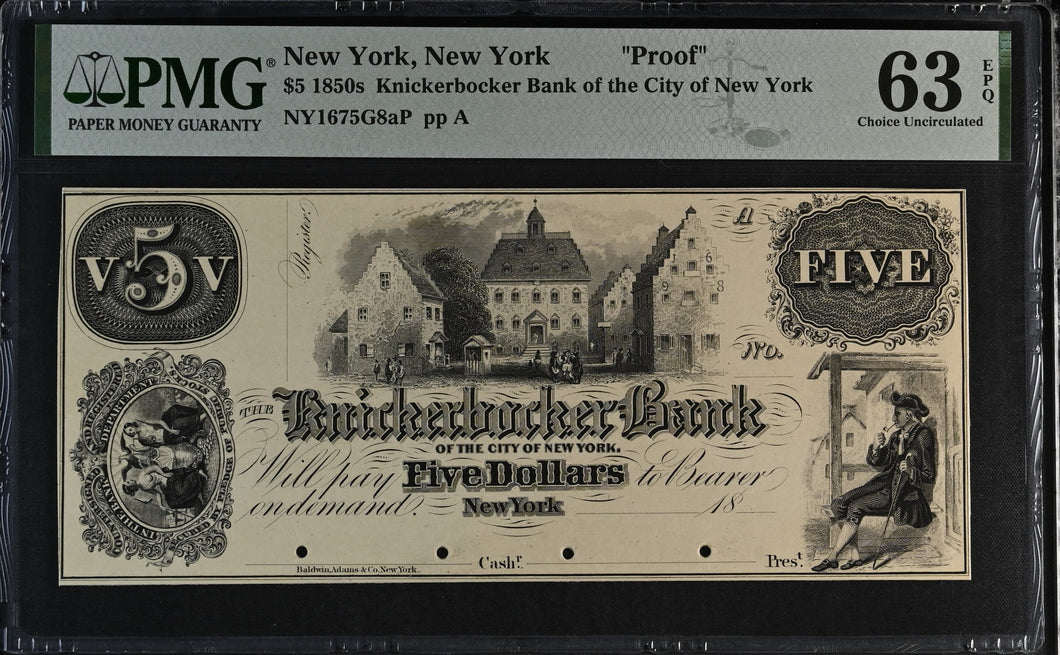 1850s $5 New York Knickerbocker Bank NY1675G8aP Proof - PMG 63 EPQ