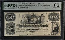 Load image into Gallery viewer, 1850s $5 New York Knickerbocker Bank NY1675G8aP Proof - PMG 65 EPQ - Top Pop
