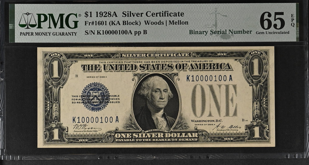 1928A $1 Silver Certificate Fr#1601 Binary Serial -- PMG 65 EPQ Gem Unc