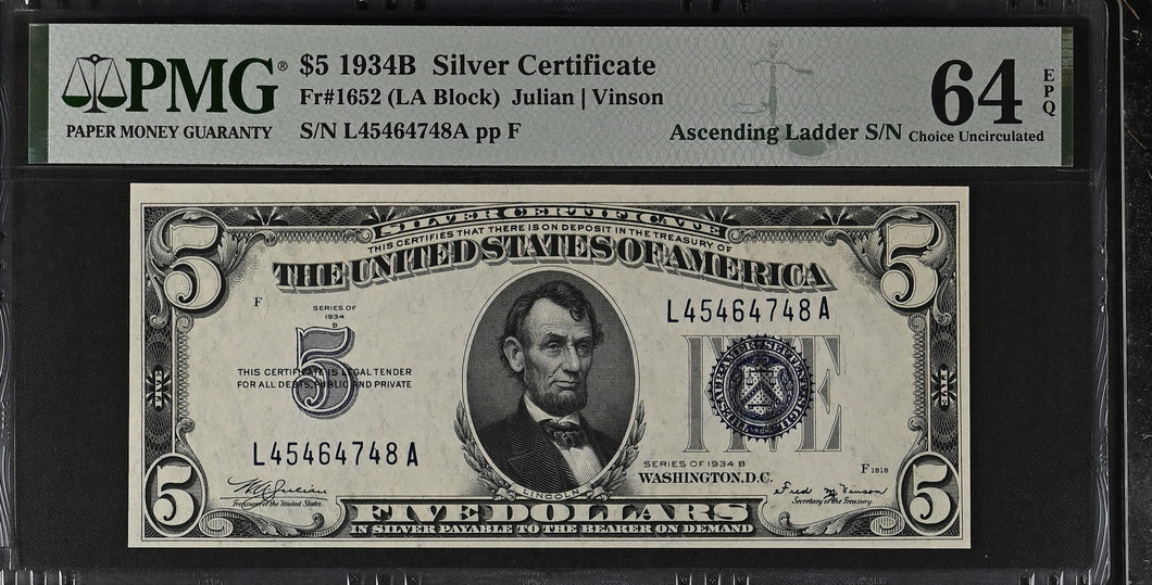 1934B $5 Silver Certificate Fr#1652 Ascending Ladder Serial - PMG 64 EPQ Gem Unc