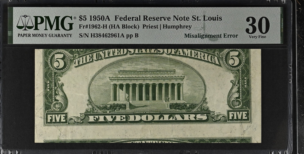 1950A $5 FRN St. Louis Fr#1962-H Misalignment Error - PMG 30 VF