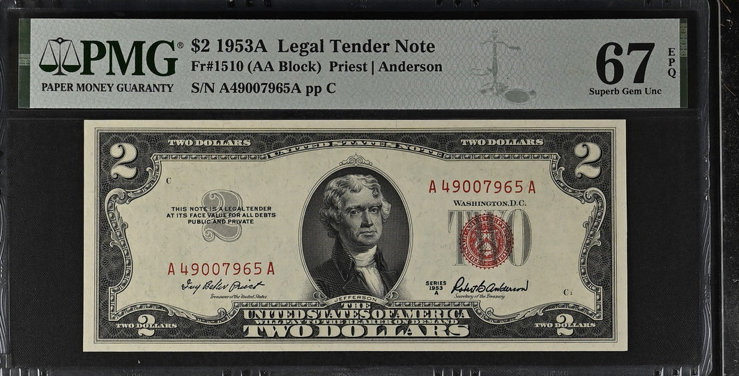 1953A $2 Legal Tender Fr#1510 - PMG 67 EPQ Superb Gem Unc