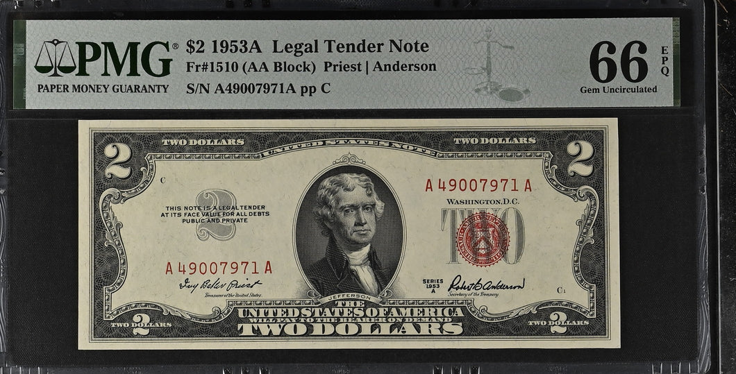 1953A $2 Legal Tender Fr#1510 - PMG 66 EPQ Gem Unc