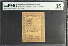 Load image into Gallery viewer, 1773 10 Shillings Pennsylvania Colonial Note PA-167 - PMG 35 Choice VF
