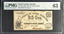 Load image into Gallery viewer, 1863 25¢ State of North Carolina Raleigh NCCR139 - PMG 63 Choice UNC
