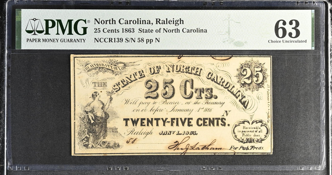 1863 25¢ State of North Carolina Raleigh NCCR139 - PMG 63 Choice UNC