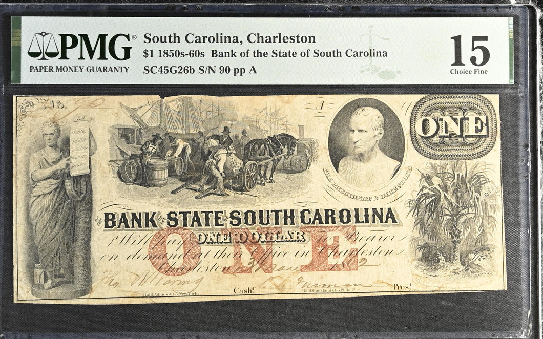1850-60s $1 Charleston Bank of the State of South Carolina SC45G26b - PMG 15