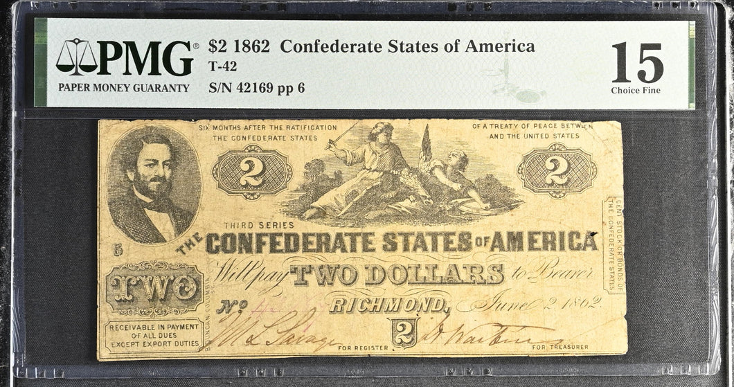 1862 $2 Confederate States of American T-42 - PMG 15 Choice Fine