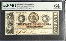 Load image into Gallery viewer, 1863 $100 Milledgeville State of Georgia GACR6 - PMG 64 Choice UNC
