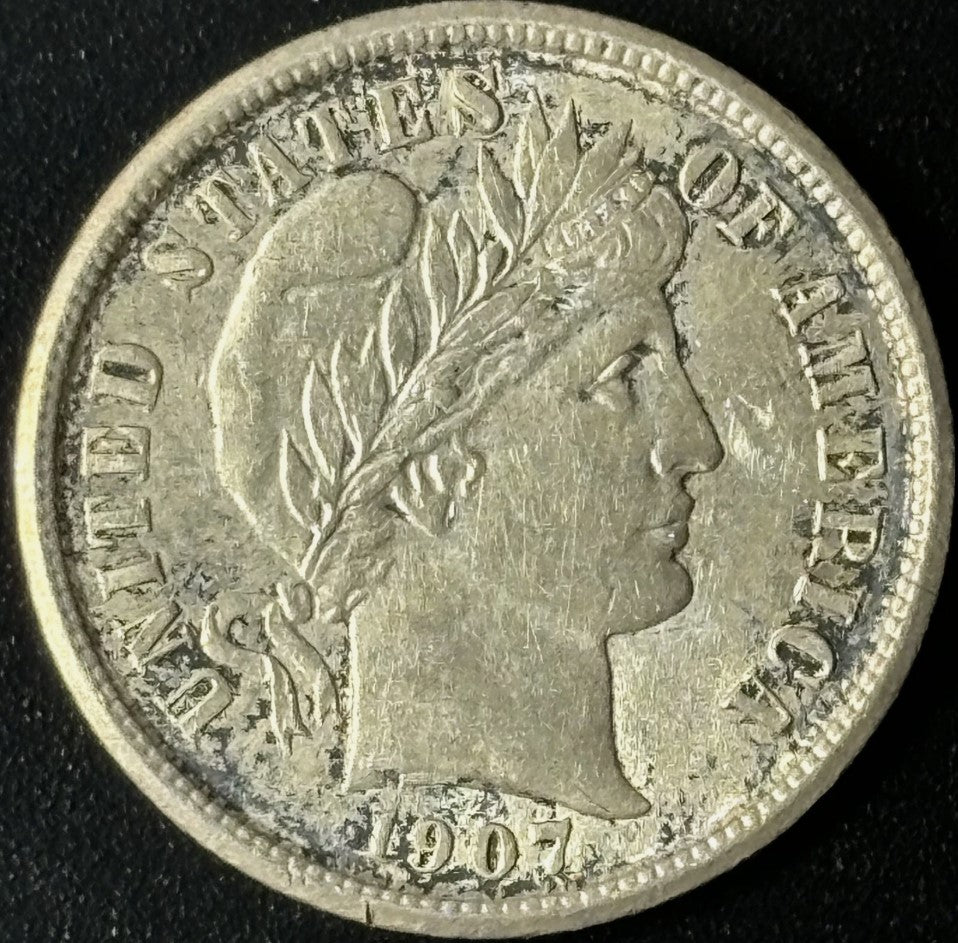 1907-P 10¢ Barber Dime Raw - AU - See Pictures