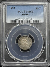 Load image into Gallery viewer, 1853 10C Seated Liberty Dime Arrows PCGS MS63 - Nice Subtle Golden Toning

