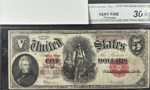 1907 $5 Legal Tender Woodchopper Fr#91 -- Very Fine