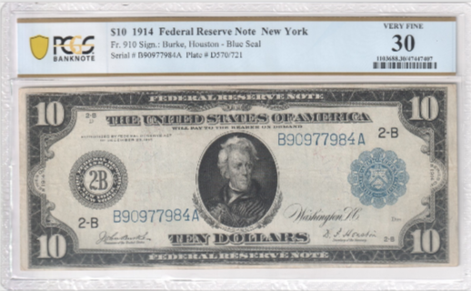 1914 $10 Federal Reserve Note Fr.910 - PCGS VF30