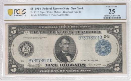 1914 $5 Federal Reserve Note Fr.851B - PCGS VF25